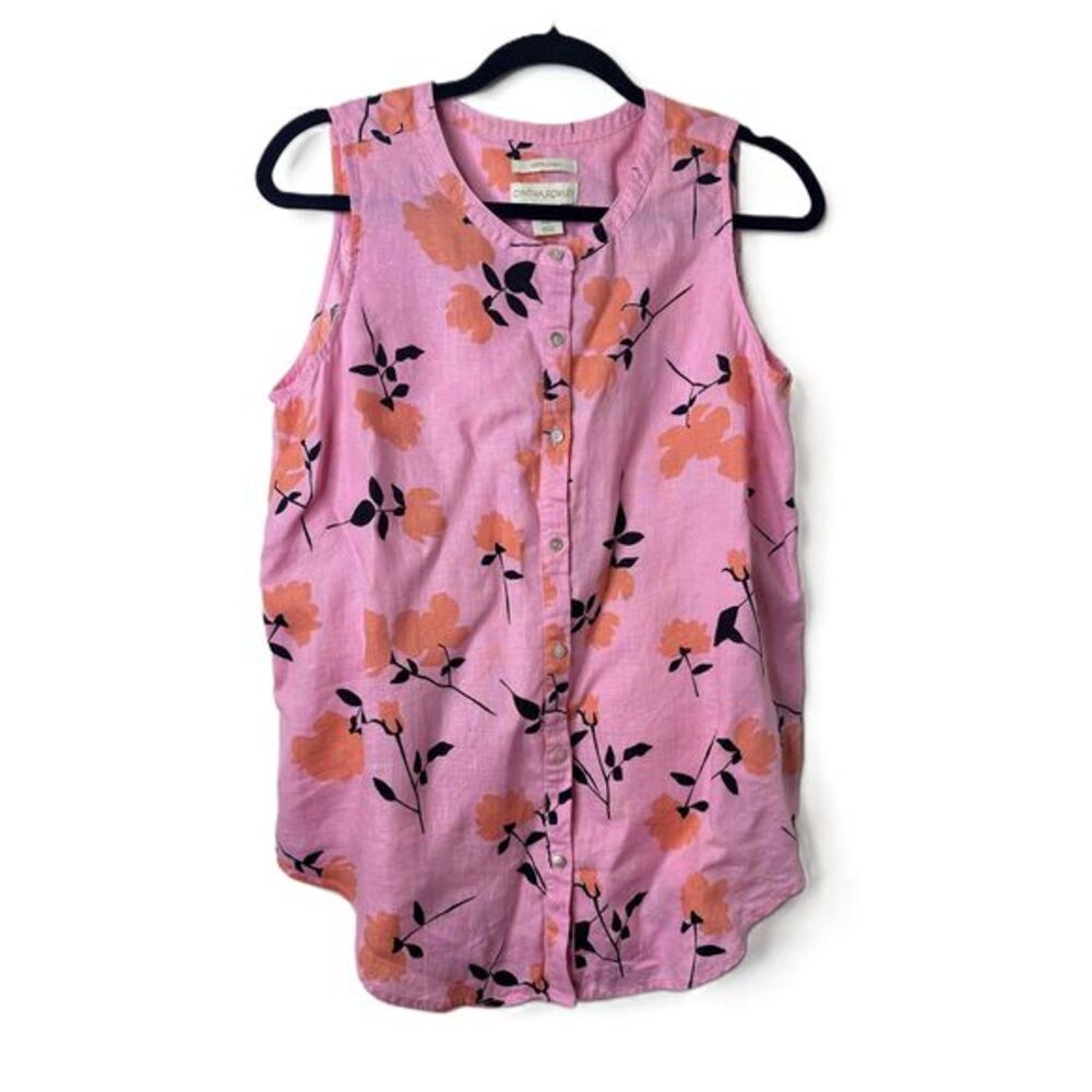 Cynthia Rowley Blouse Women Medium Pink Sleeveless Button Front Floral Linen